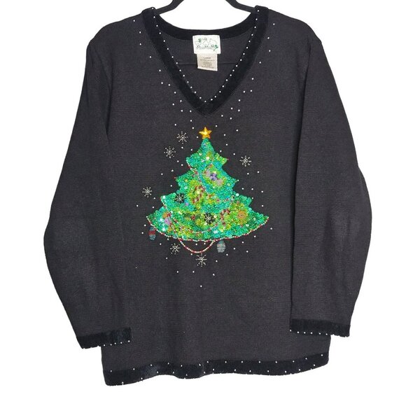 Vintage Quacker Factory Women's L Christmas Tree Sweater Black Sequin - Picture 1 of 6